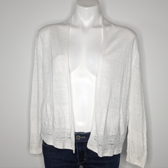 ✨3/$15 Nanette Nanette Lepore white linen lightweight loose knit open cardigan M - Picture 1 of 6